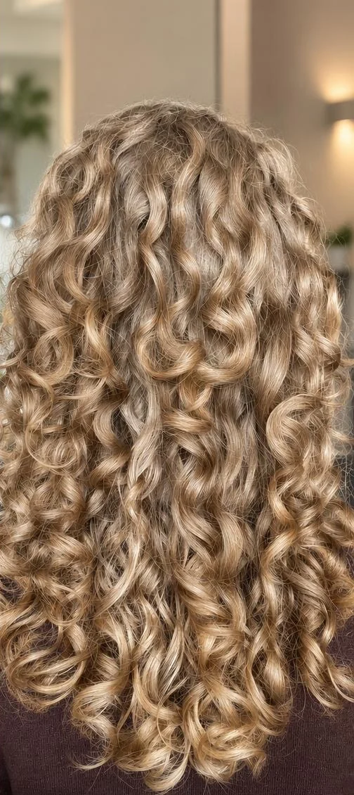 Na de krulbehandeling, gedefinieerde blonde krullen